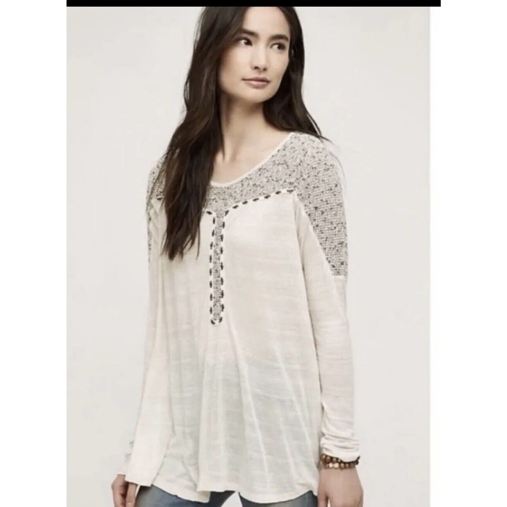 Anthropologie Meadow Rue Clorinde Crochet Knit Top Size XS Beige Linen T…